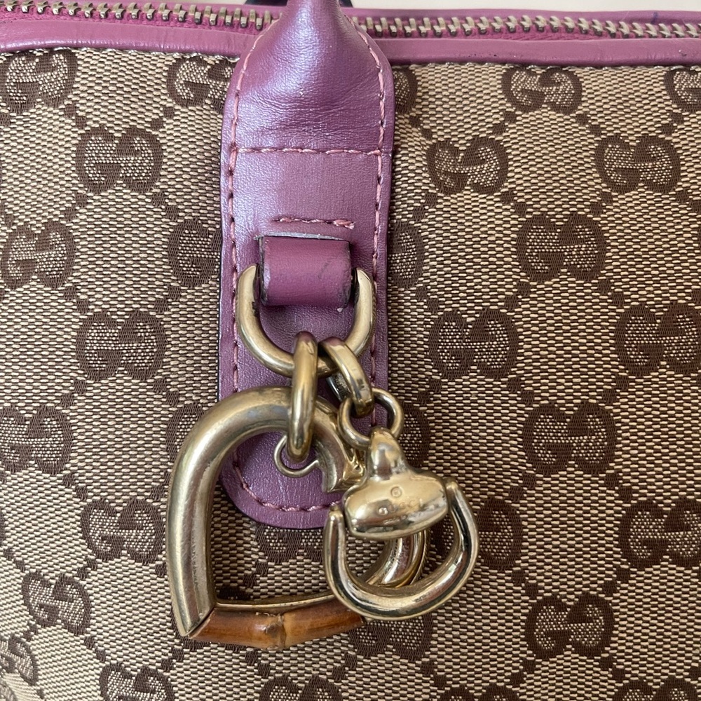 Gucci Heart Bit Charm Brown Canvas Pink Rose Leather Trim Tote - Picture 4 of 16